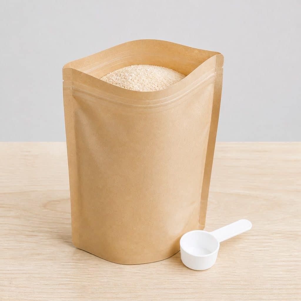 Sachet de 250 g de fibres de psyllium blond ouvert avec sa cuillère doseuse
