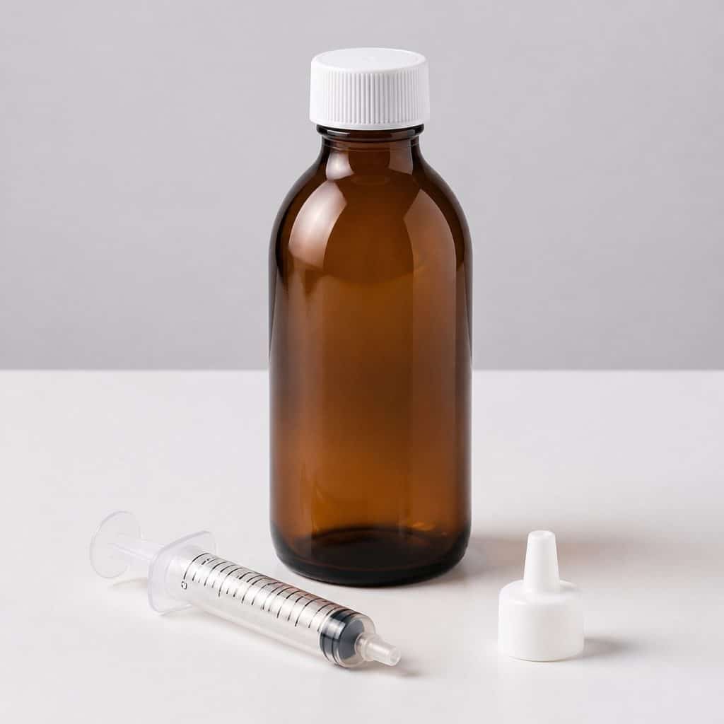 Flacon de sirop 100 ml pour chiot avec sa seringue doseuse et son adaptateur