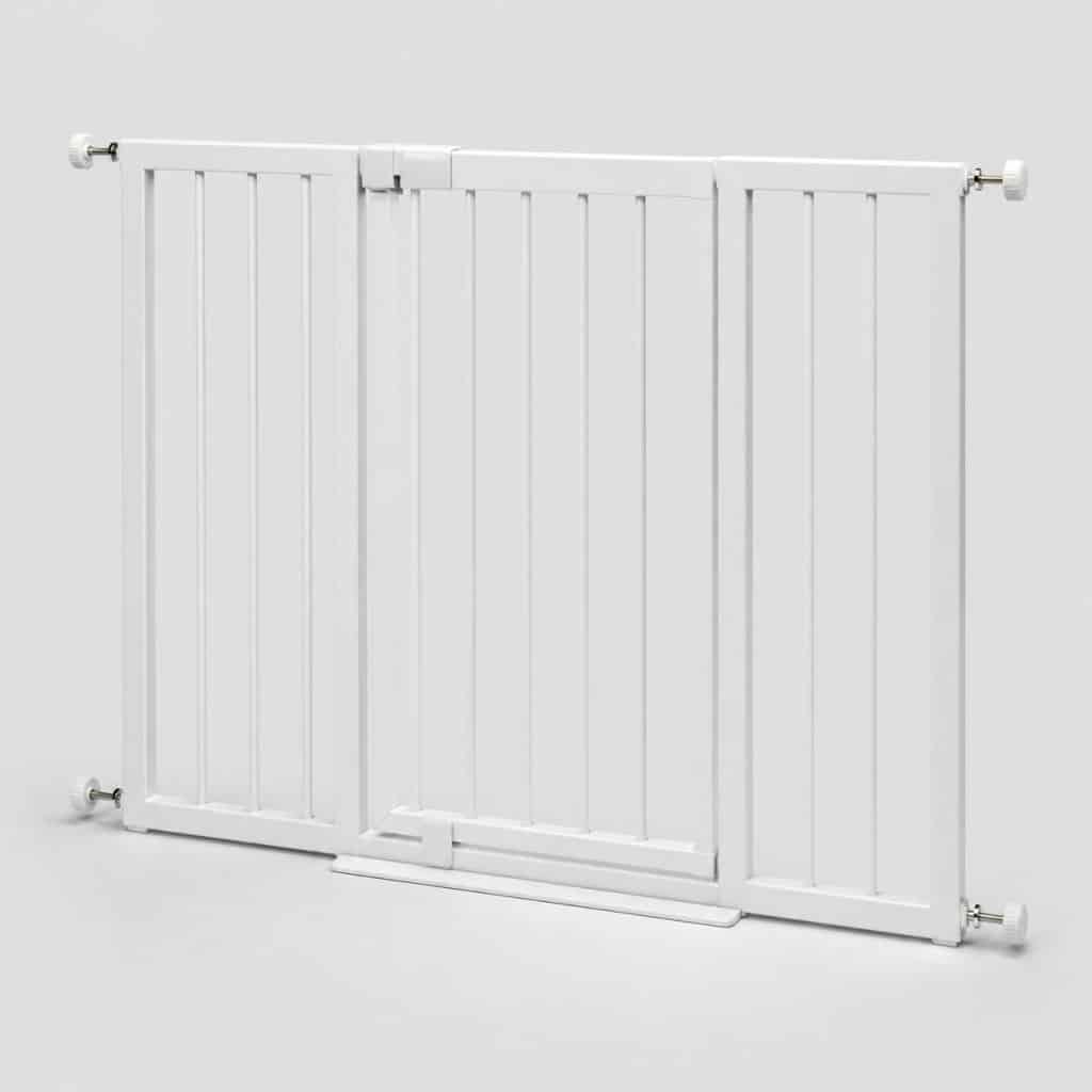 Barrière de sécurité à pression en acier laqué blanc, largeur réglable 75-85 cm
