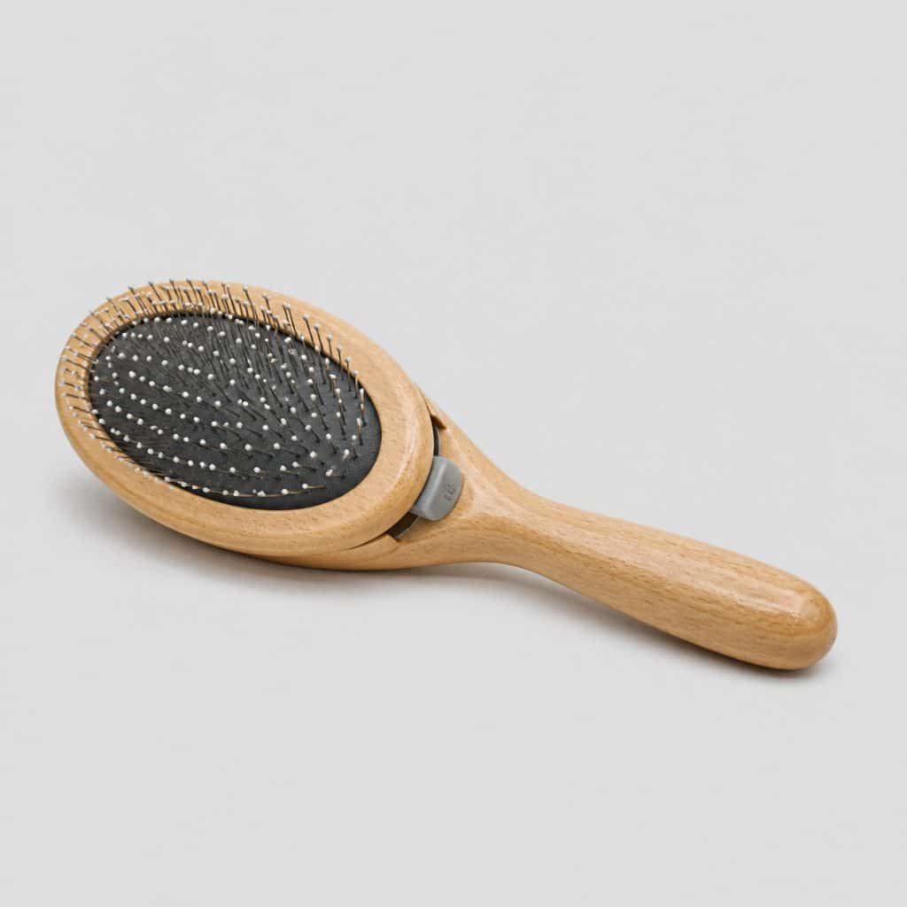 Brosse à picots souples avec bouton d'éjection et manche en bois