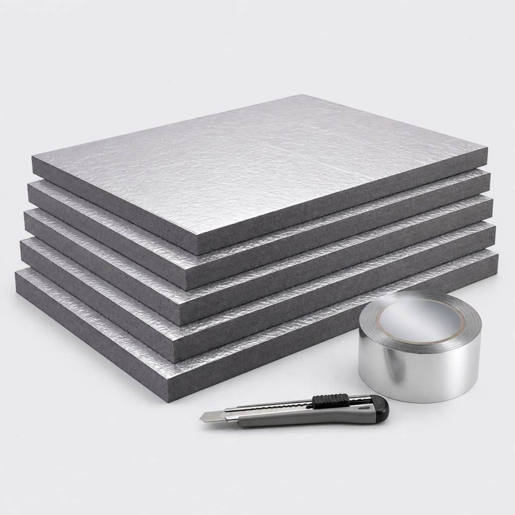 Panneaux de mousse à face aluminisée, adhésif aluminium et cutter du kit d'isolation