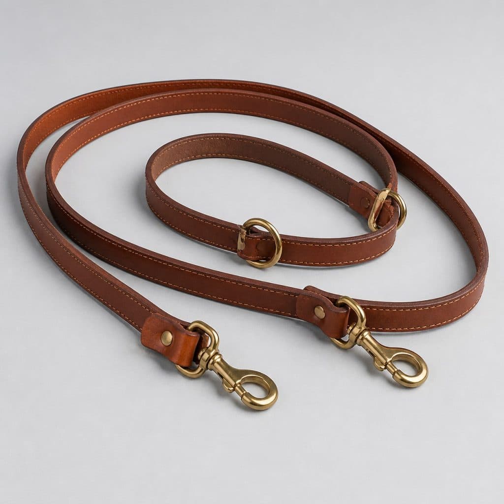 Laisse multi-positions 2 m en cuir pleine fleur avec anneaux en laiton