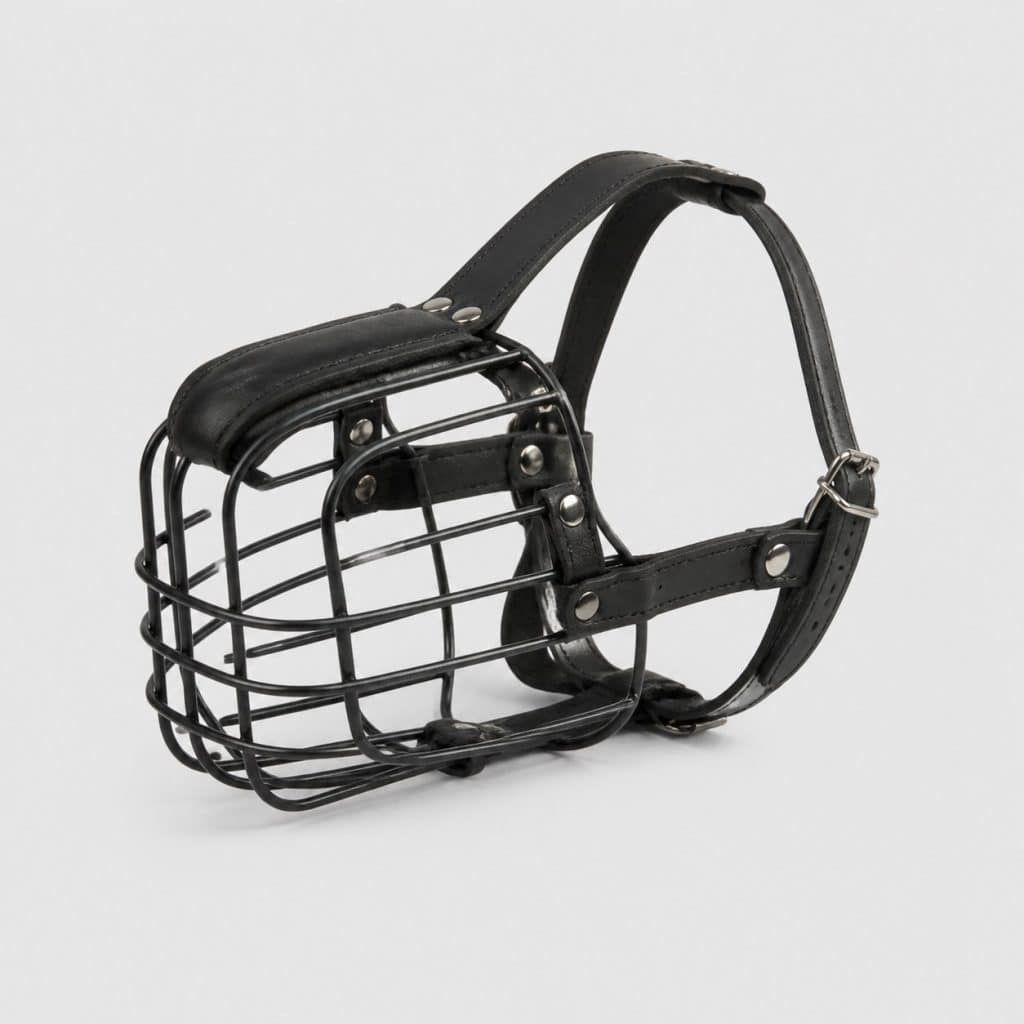 Muselière panier grillagée en acier taille L avec chanfrein garni de cuir