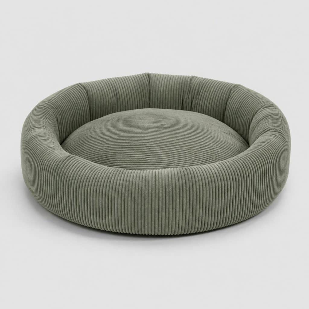 Panier de sol rond en velours côtelé vert sauge pour chien, 80 cm