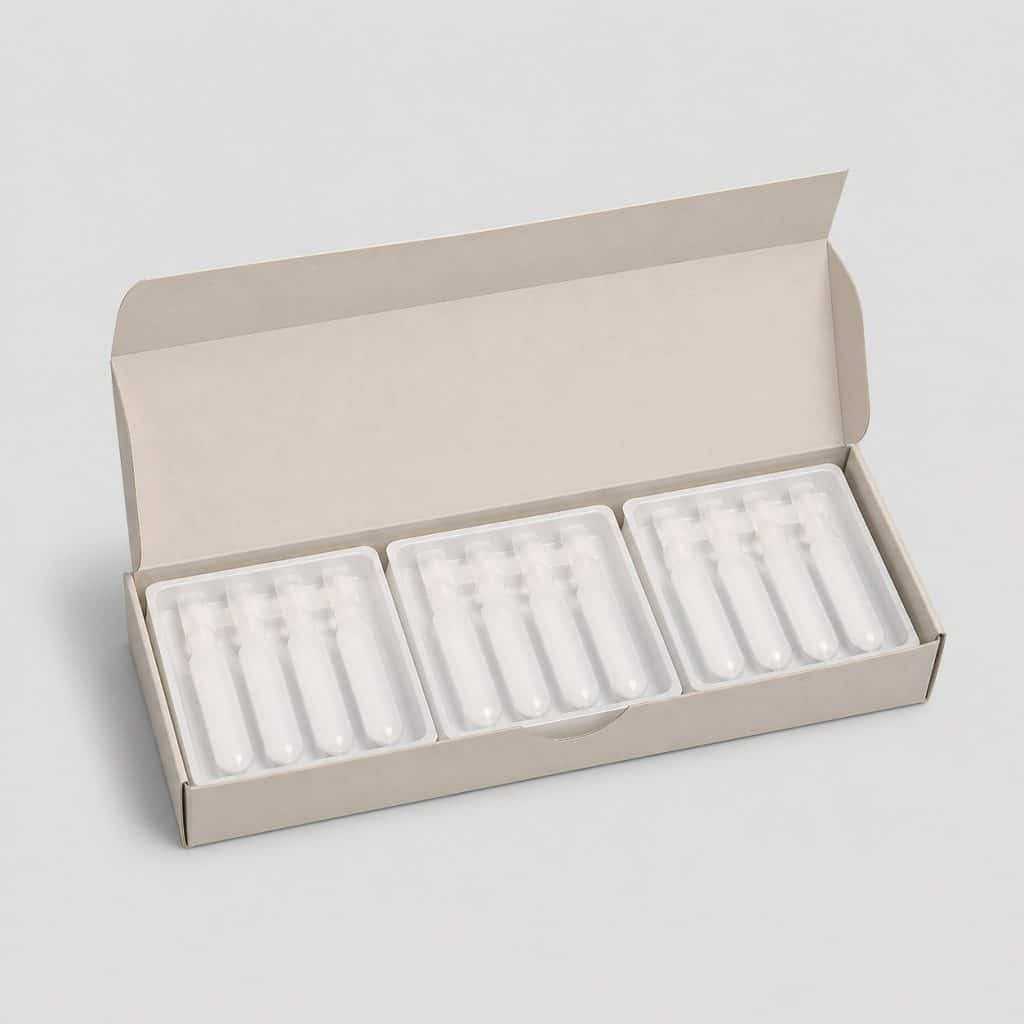 Étui de douze pipettes ouvert sur ses trois plaquettes de quatre unités