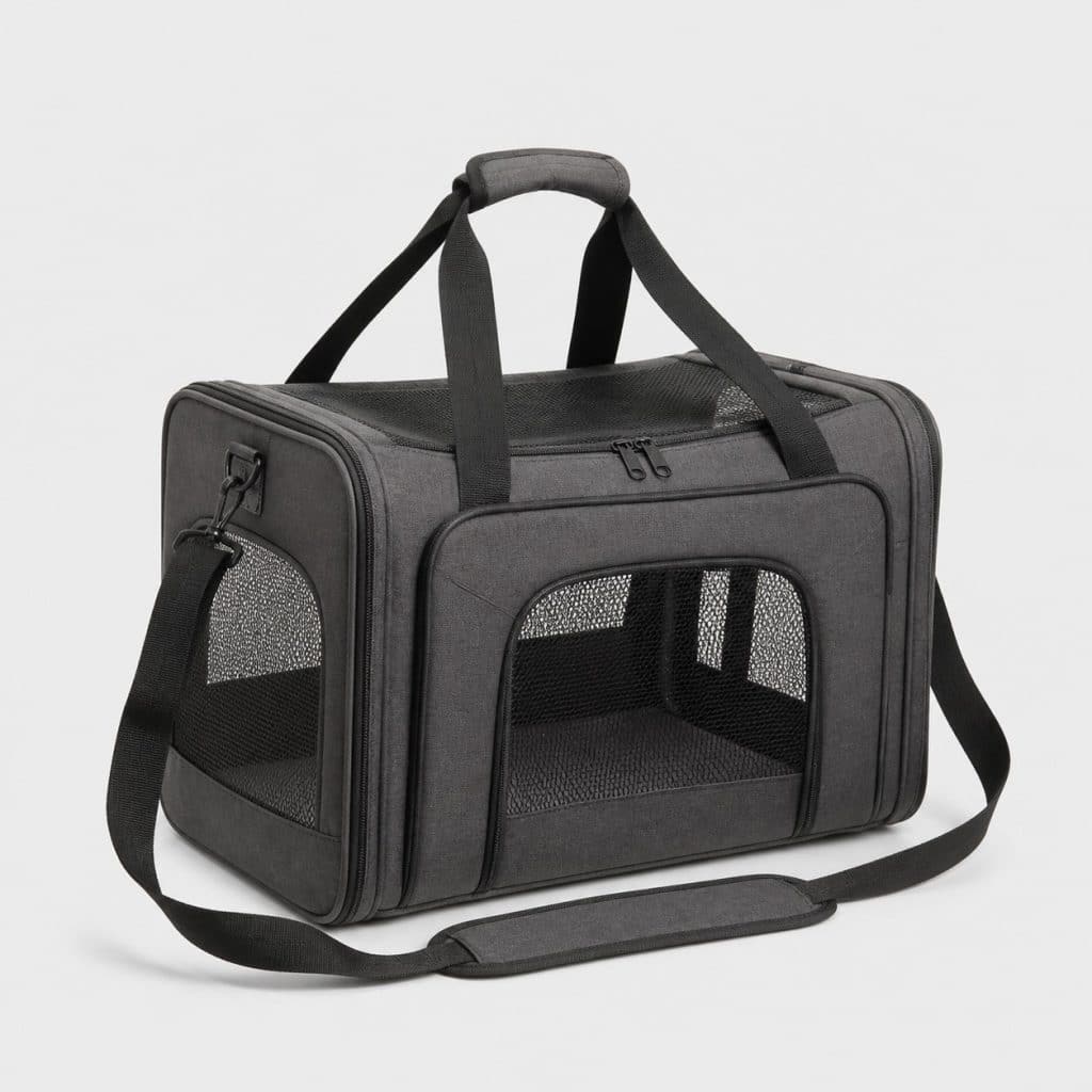 Sac de transport souple pliable à structure armée, toile et panneaux en filet