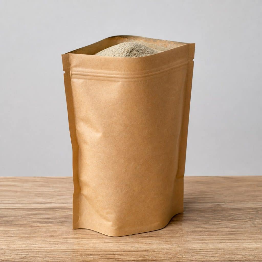 Sachet kraft de 500 g de terre de diatomée alimentaire non calcinée, ouvert