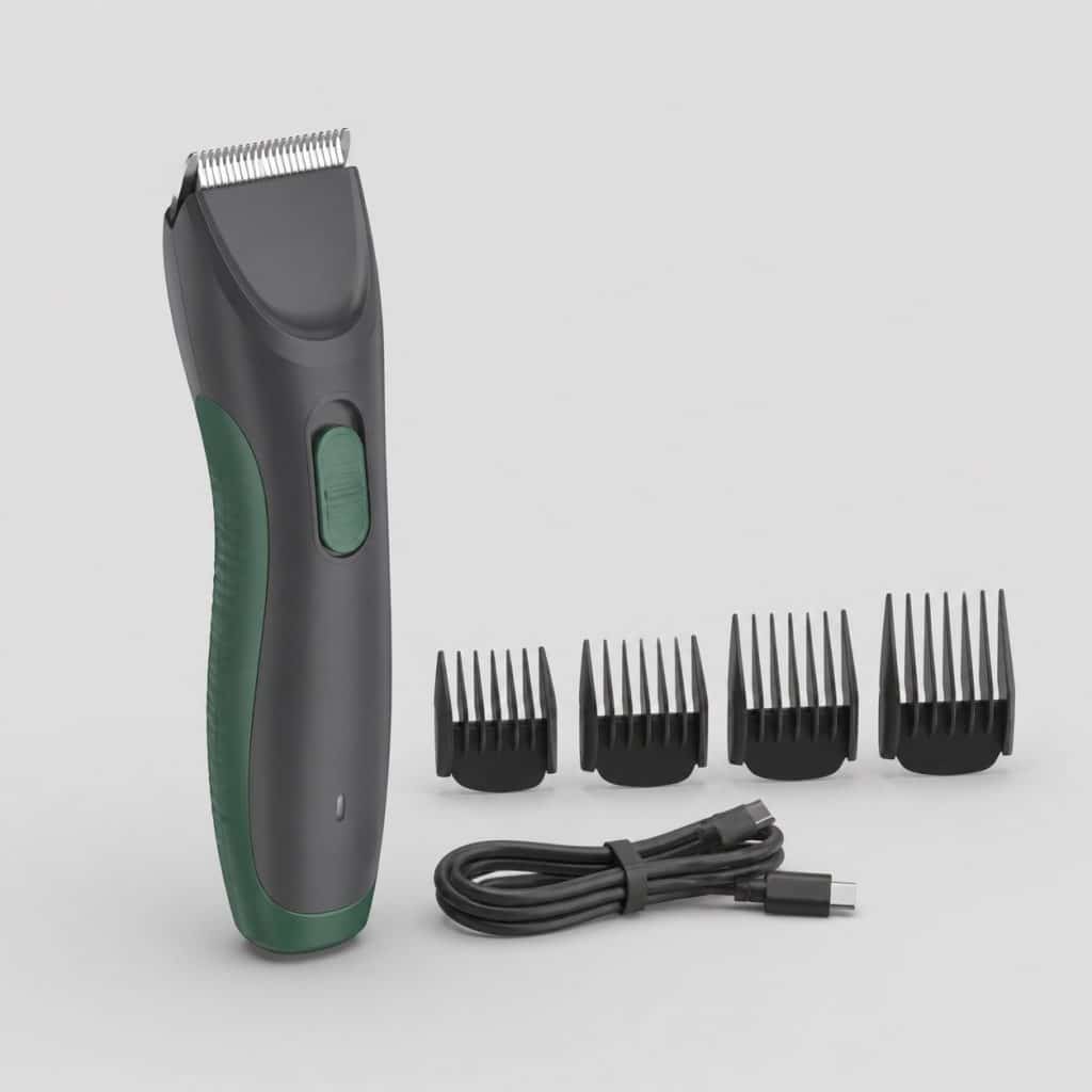 Tondeuse rechargeable pour chien avec ses quatre sabots de coupe